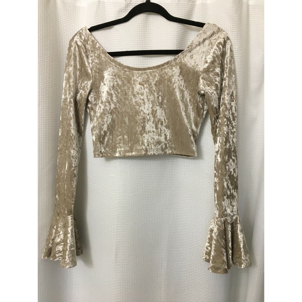 Crush Velour Crop Top Boho Bell Sleeves Size Small Cross Back Platinum Color  A1 - Picture 5 of 6